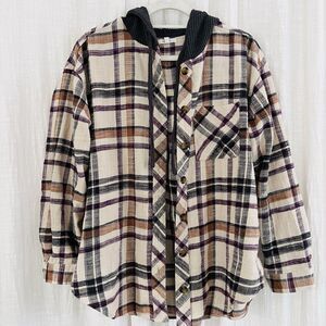 Maurices Brown & Tan Plaid Hooded Button Down Shirt Western Country Earthy Large